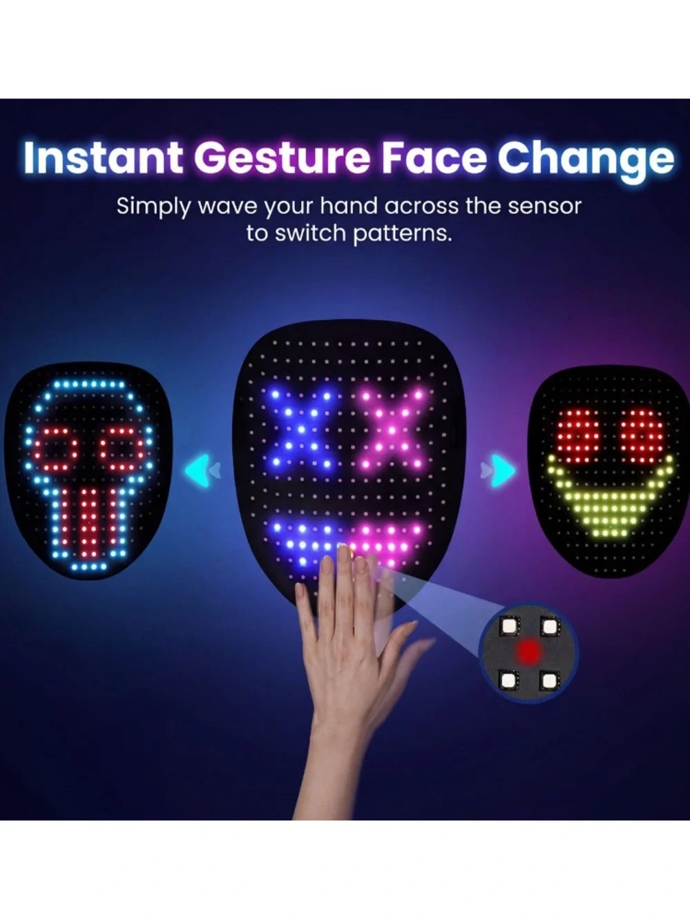 LED Light Up Face Mask with Gesture Sensing Halloween Party Rechargeable NEW